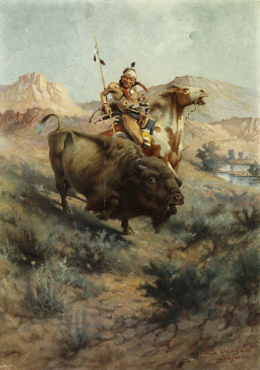 Indiaan en Buffel door Edgar Samuel Paxson