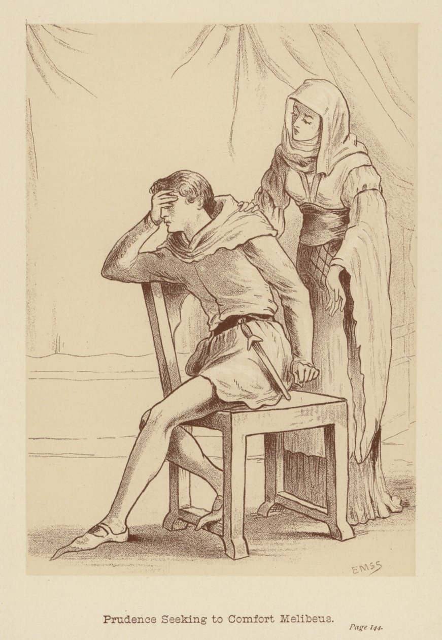 Voorzichtigheid zoekt troost bij Melibeus (litho) door Edith Scannell