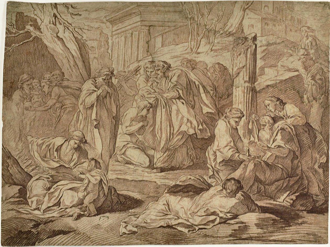 Een Heilige Kleedt de Armen Onder de Puinhopen van een Aardbeving door Edmé Bouchardon