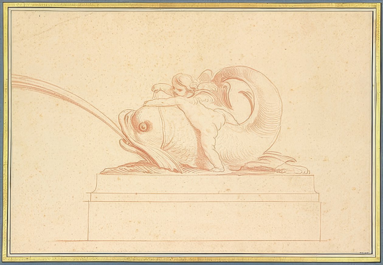 Water spuwende dolfijn naar links met een amorette door Edmé Bouchardon