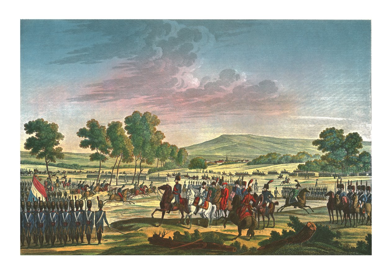 De Keizerlijke Garde manoeuvreert in aanwezigheid van de Twee Keizers in Tilsit, 28 juni 1807, c1850 door Edme Bovinet