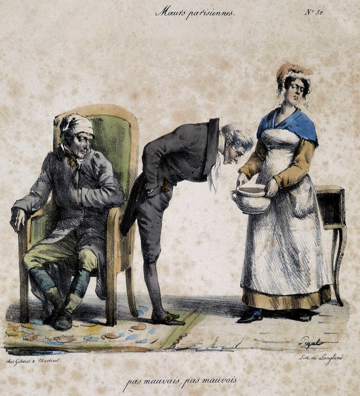 Zieke, dokter kijkt in de pot en bediende. Cartoon van Parijse zeden door Pigal (19e eeuw), bewaard in het Musée Dobree in Nantes. door Edme Jean (after) Pigal