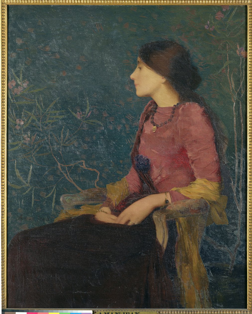 Zittend portret van Thadée-Caroline Jacquet, later Madame Aman-Jean, voor 1892 door Edmond François Aman Jean