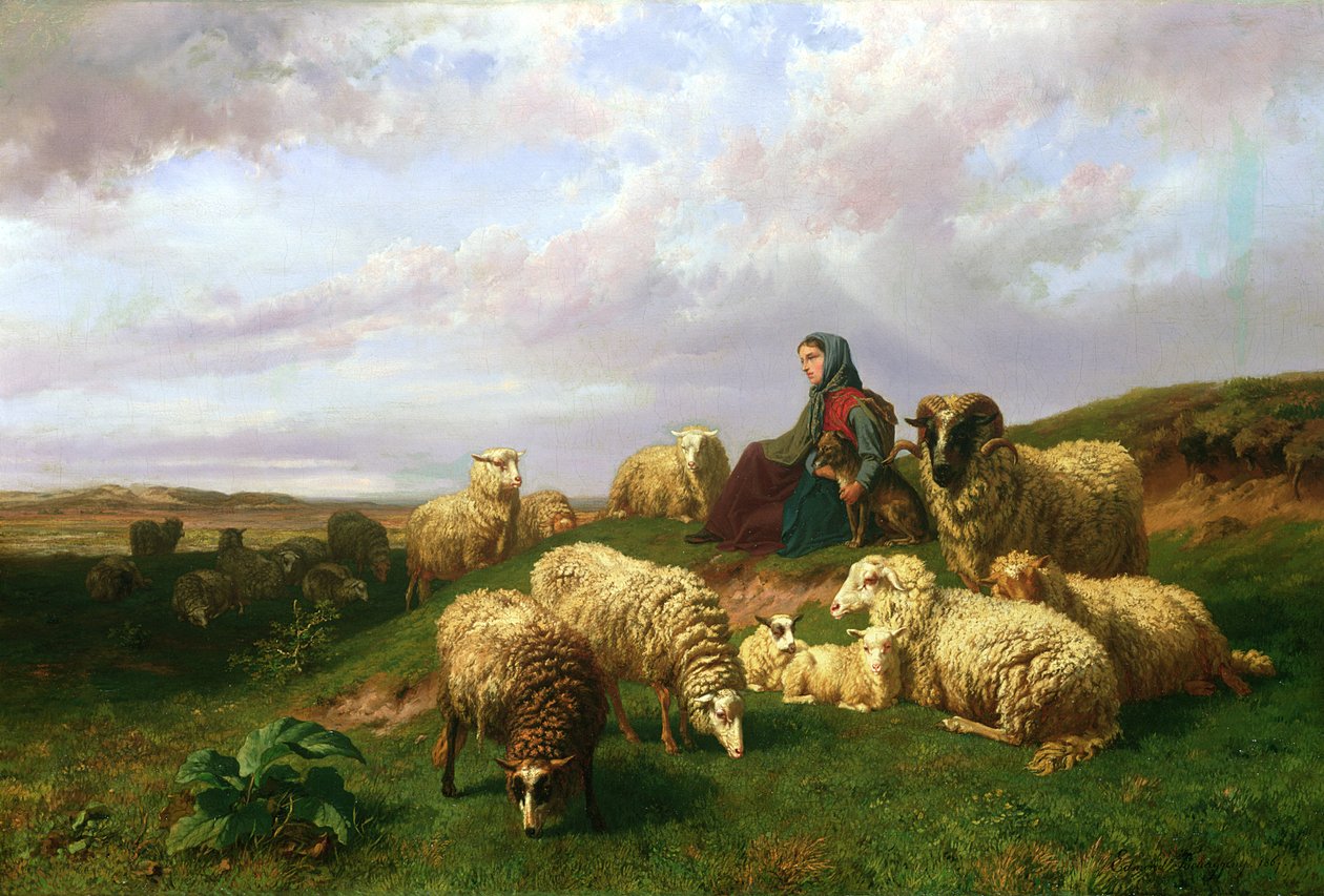 Herderin rustend met haar kudde, 1867 door Edmond Jean Baptiste Tschaggeny
