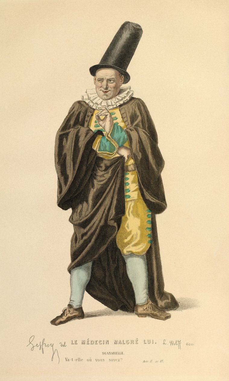 Kostuum voor de rol van Scanarelle, ca.1868 (gravure) door Edmond Aime Florentin Geffroy