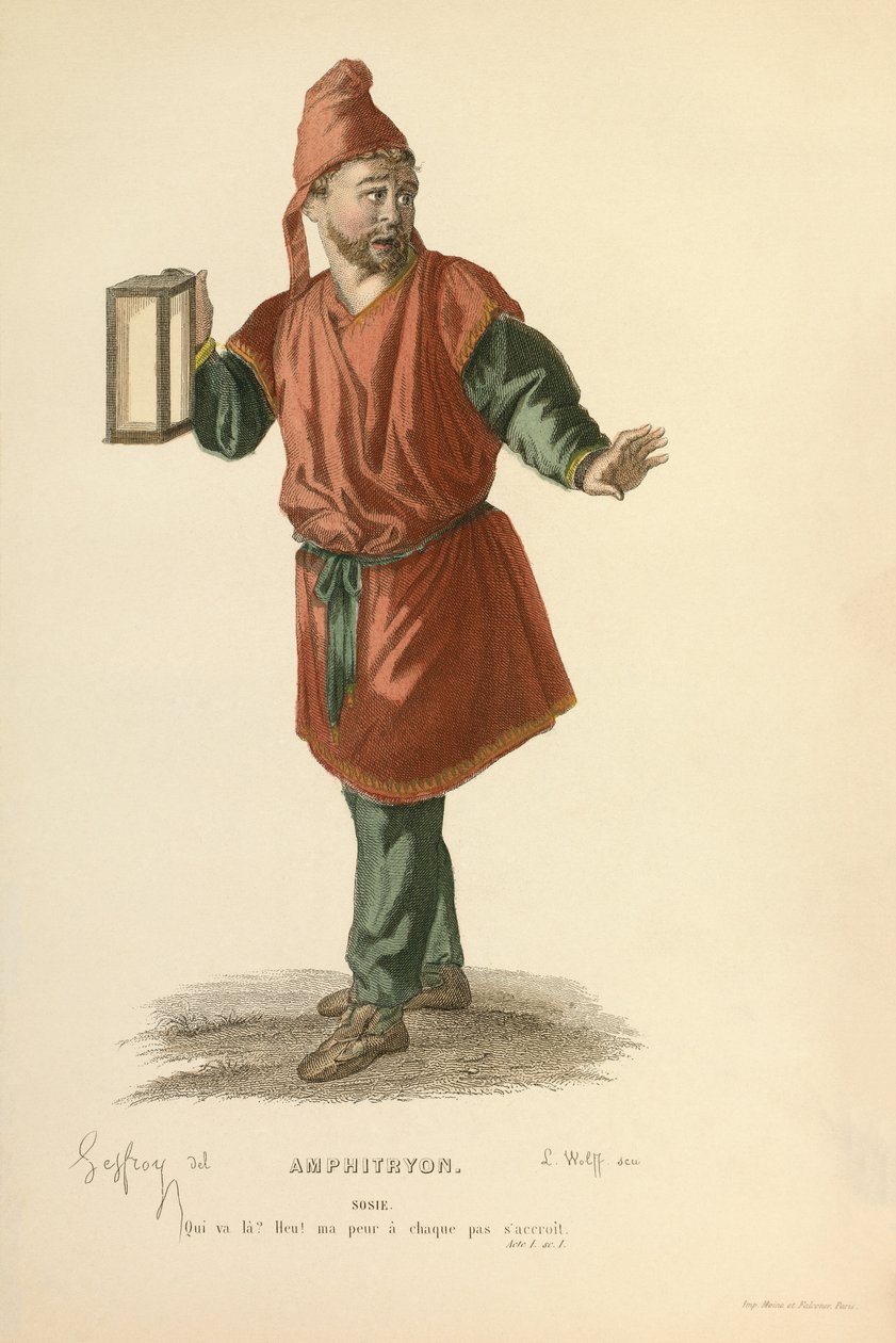 Kostuum voor de rol van Sosie, ca. 1868 (gravure) door Edmond Aime Florentin Geffroy