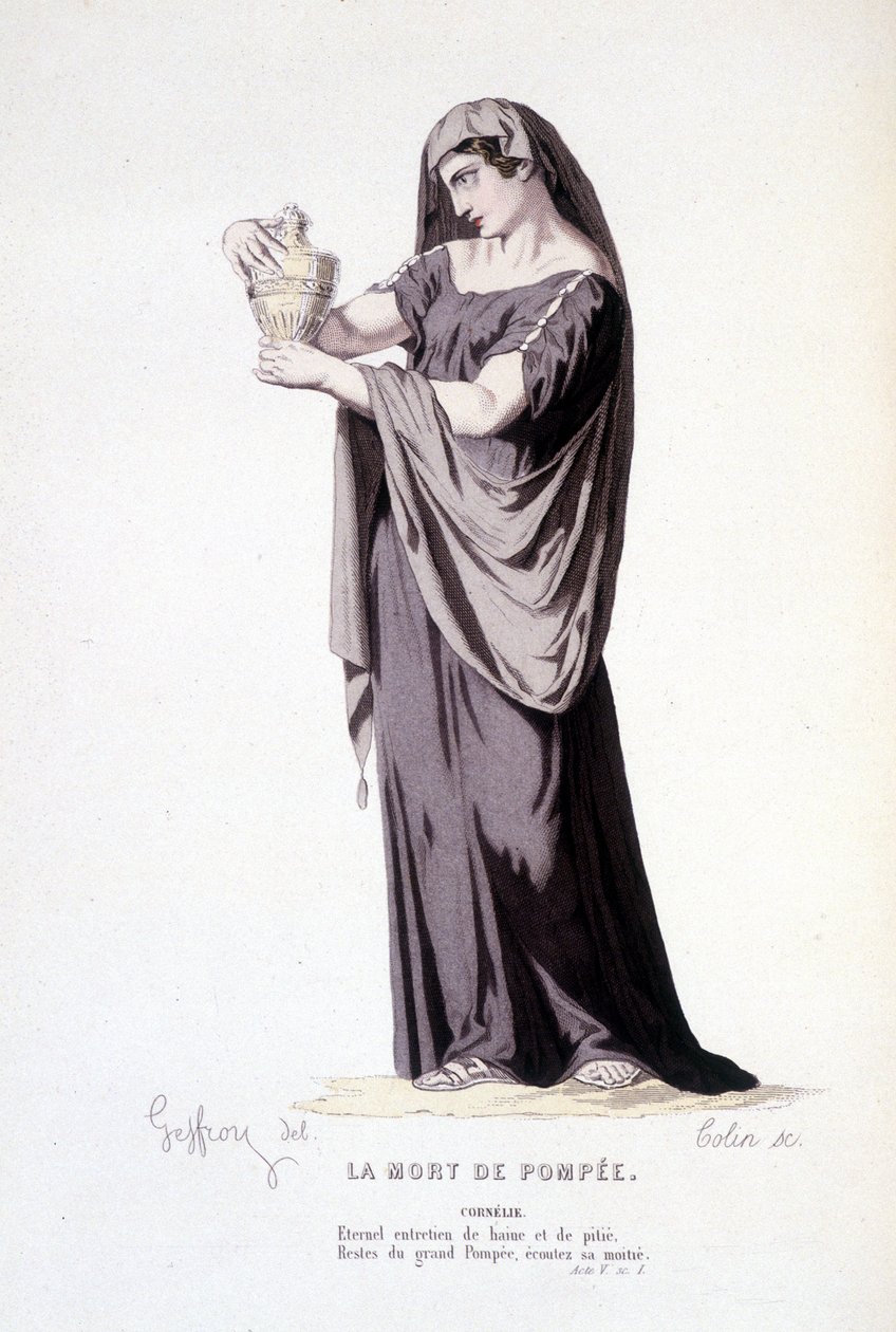 Het personage Cornelie in het toneelstuk La mort de Pompee - Volledig Theater: (Verzameling toneelstukken van Corneille) tekening door Geffroy, gravure door Colin - uitgegeven door Laplace, Sanchez et Cie, Parijs 1884 door Edmond Aime Florentin Geffroy