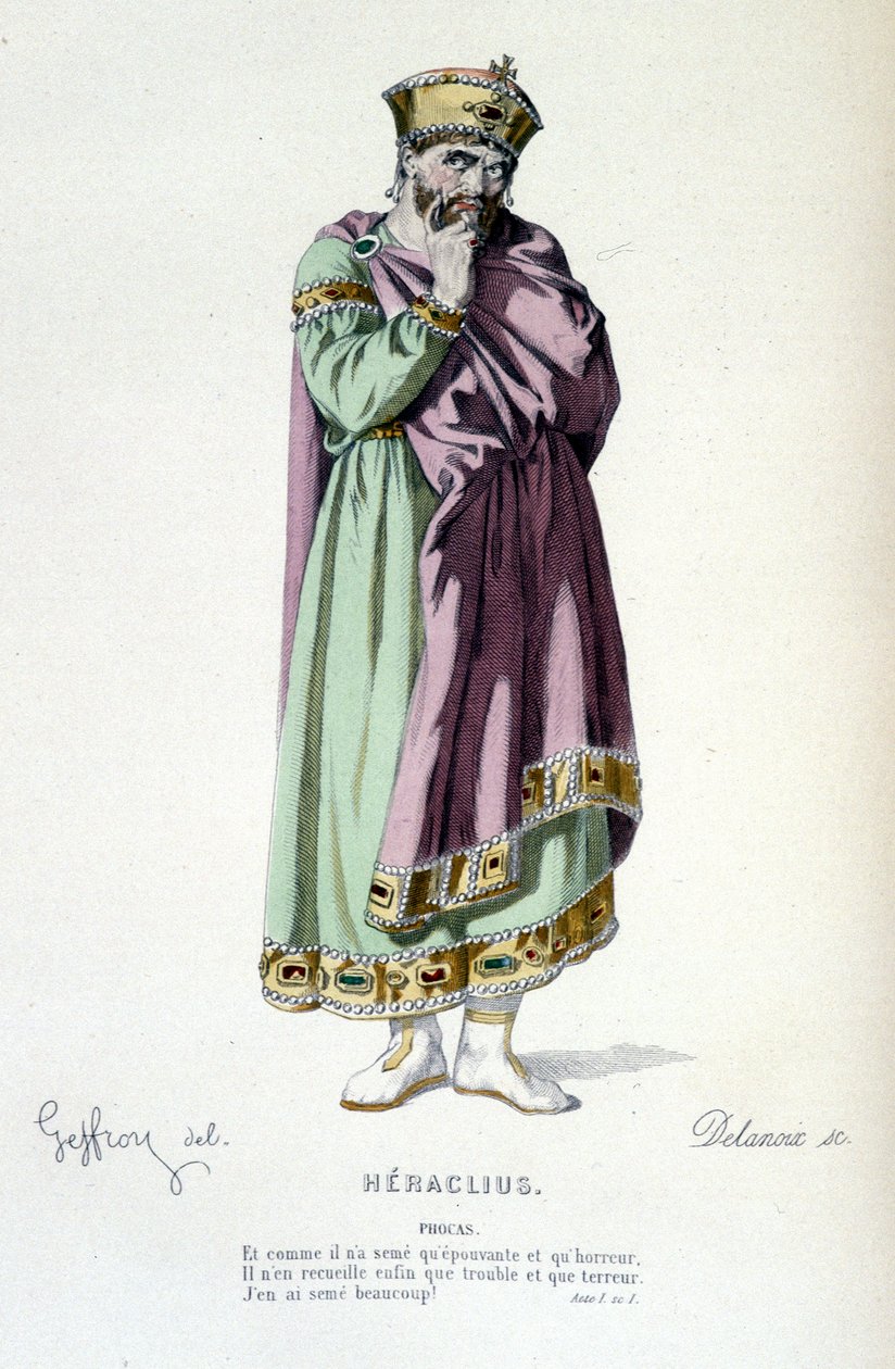 Het personage Phocas in de tragedie Heraclius - Volledig Theater: (Collectie van toneelstukken door Corneille) tekening door Geffroy, gravure door Delanoix - ed. Laplace, Sanchez et Cie, Parijs 1884 door Edmond Aime Florentin Geffroy