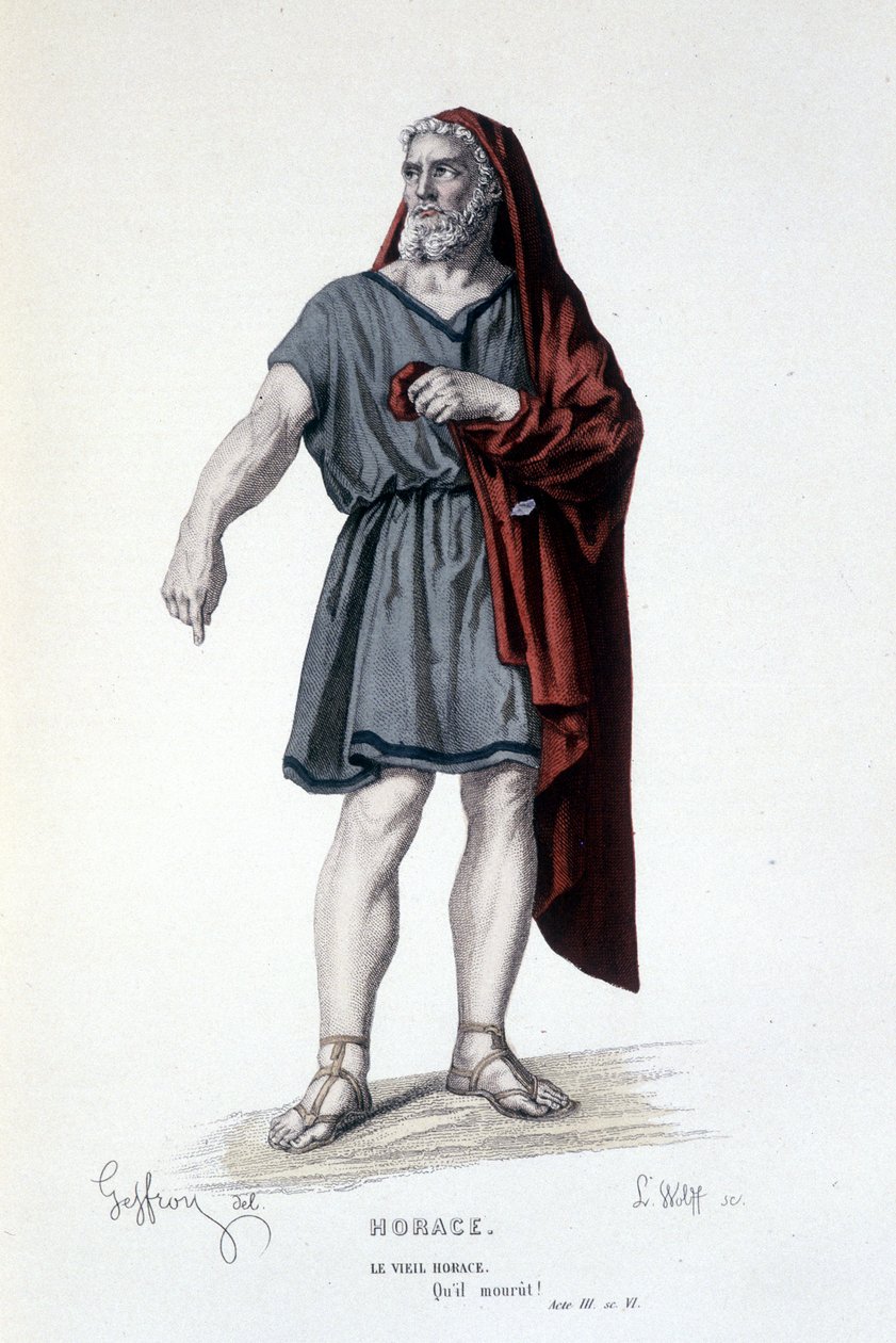 Het personage van de oude Horace in de tragedie Horace - Volledig Theater: (Collectie van toneelstukken van Corneille) tekening door Geffroy, gravure door L. Wolff - ed. Laplace, Sanchez et Cie, Parijs 1884 door Edmond Aime Florentin Geffroy