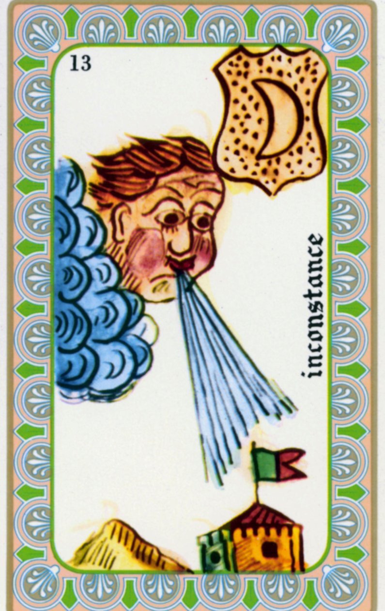 tarot door magus Belline getekend door Edmond Billaudot ca. 1845 en gegeven aan helderziende Belline voor heruitgave: kaart van de wispelturigheid: wind waait door Edmond Billaudot