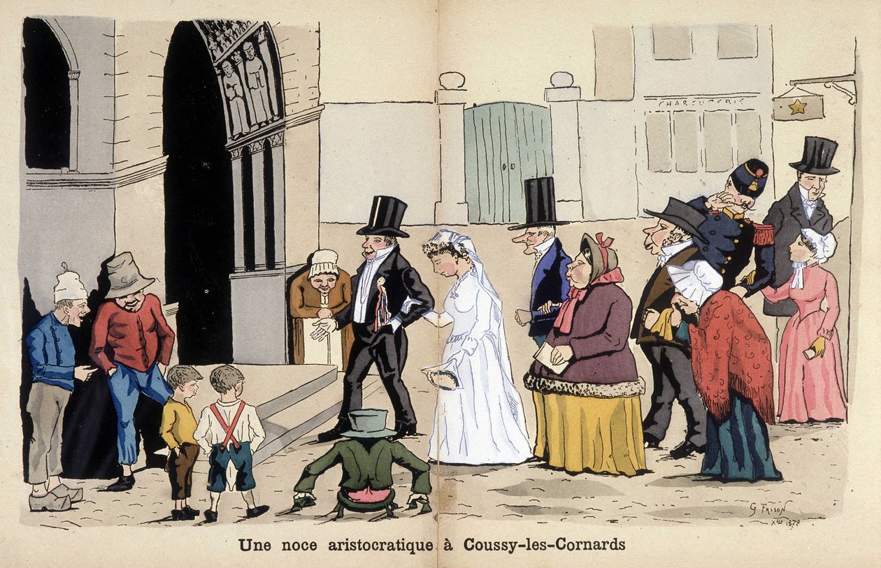 Cartoon over de Franse samenleving door Lavrate: een aristocratische bruiloft in Coussy les Cornards. 1880 door Edmond Lavrate