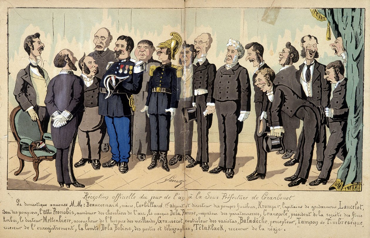 Cartoon over de Franse samenleving door Lavrate: de verschillende figuren uit de overheidsdienst, administratieve diensten... op een officiële receptie. 1880 door Edmond Lavrate