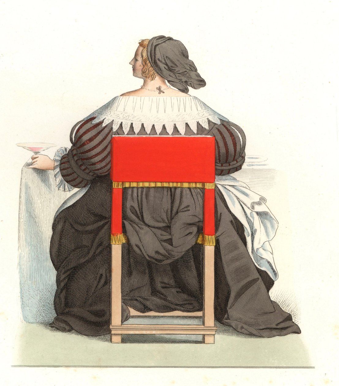 Franse vrouw 17e eeuw, naar een gravure van Abraham Bosse (1602-1676) - Lithografie van een illustratie door Edmond Lechevallier-Chevignard (1825-1902), uit 