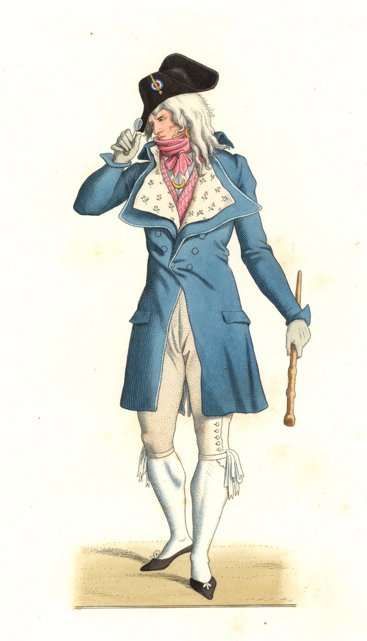 Jonge Franse man geboren in de mode van de Incrediables van de 18e eeuw, naar een schilderij van Carle Vernet (1758-1836) - Lithografie van een illustratie door Edmond Lechevallier-Chevignard (1825-1902), uit 