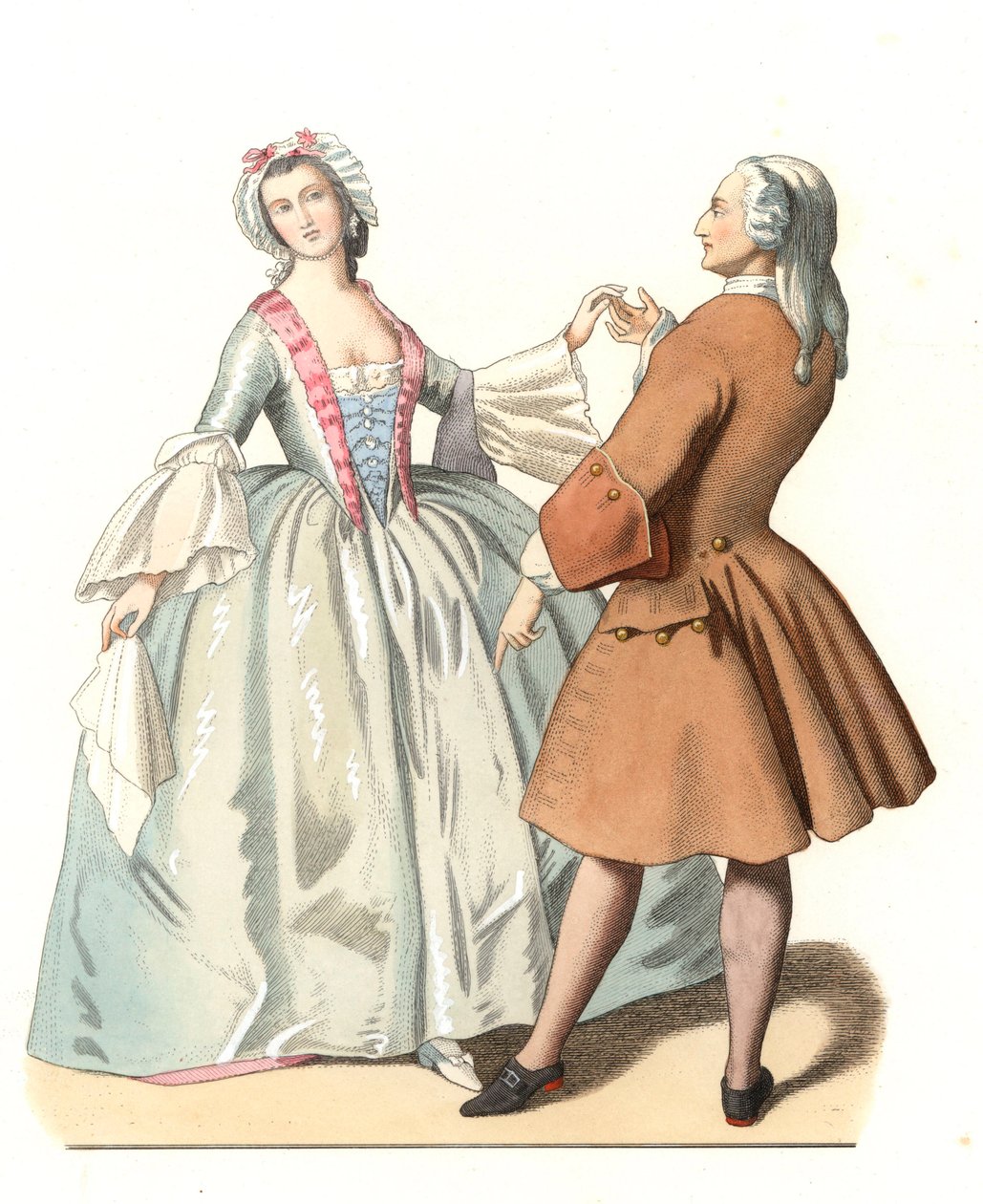 Dansmeester en een jonge Venetiaan, dansles in Italië 18e eeuw, gebaseerd op een schilderij van Pietro Longhi (1701-1785) - Lithografie gebaseerd op een illustratie van Edmond Lechevallier-Chevignard (1825-1902), afkomstig uit "Historische Kostuums van de  door Edmond Lechevallier Chevignard