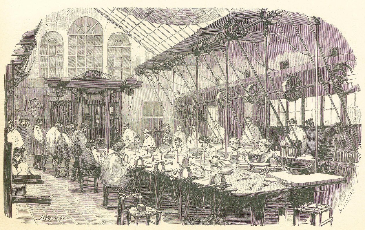 Zilversmeden aan het werk in de Christophle bestekfabriek in Parijs, 1875. door Edmond Morin