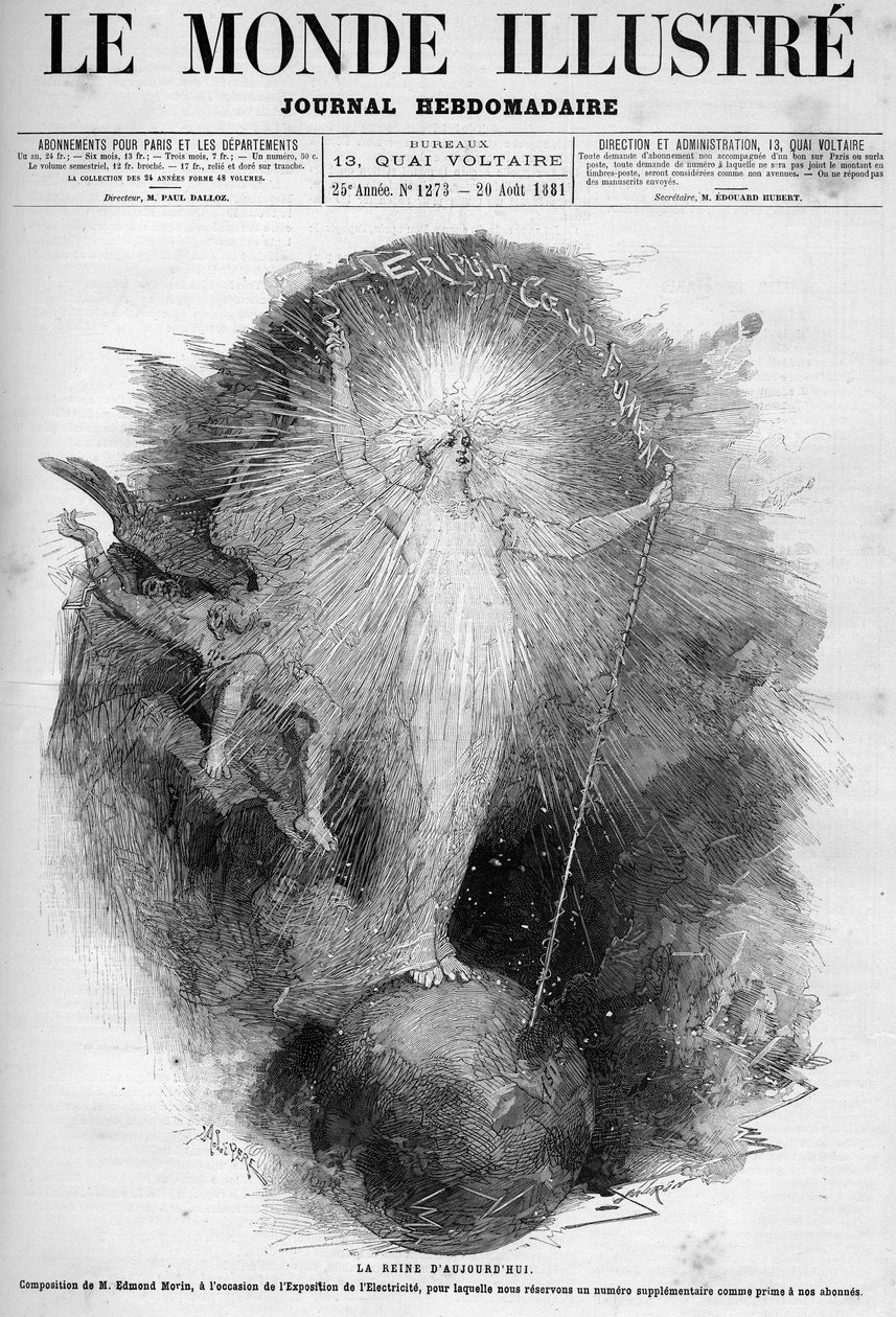 De koningin van vandaag: allegorie van elektriciteit als een vrouw die de wereld domineert, gemaakt op de Elektriciteitstentoonstelling in 1881. Gravure door Edmond Morin. Een van 