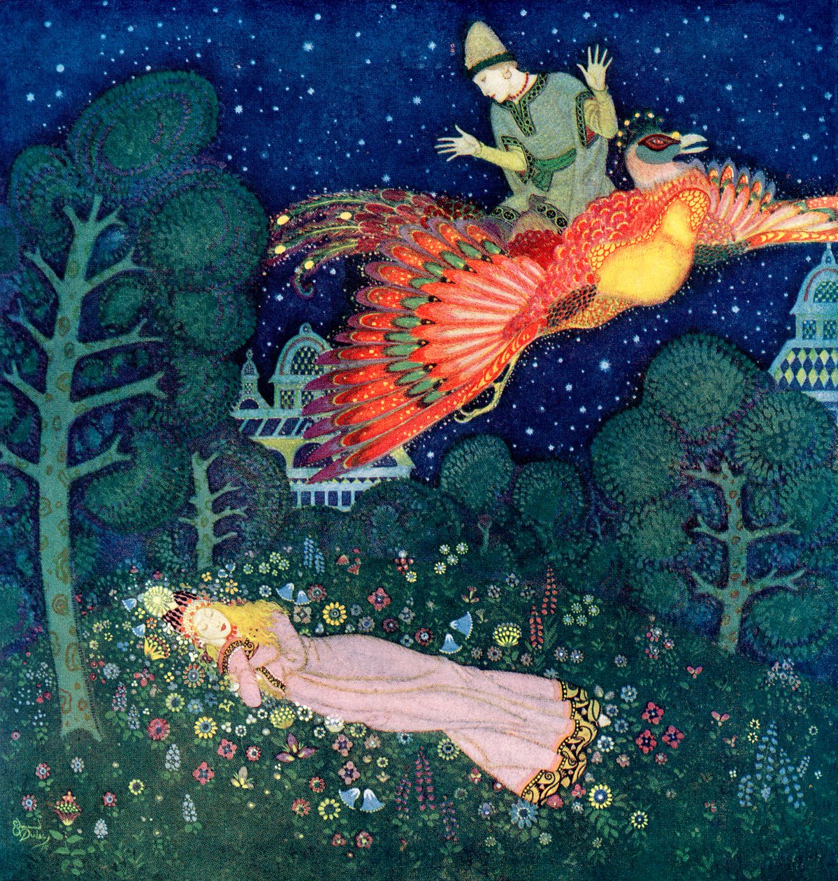 Illustratie voor het Russische sprookje Vuurvogel door Edmund Dulac