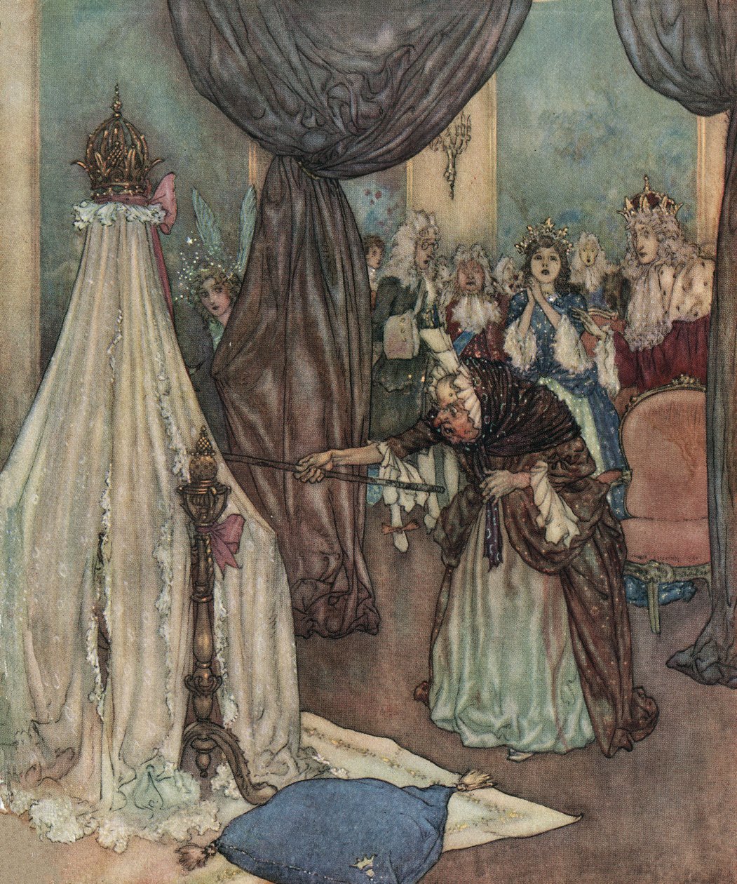 De schone slaapster: een oude fee buigt zich over de wieg van de prinses en vervloekt haar, c.1910 door Edmund Dulac