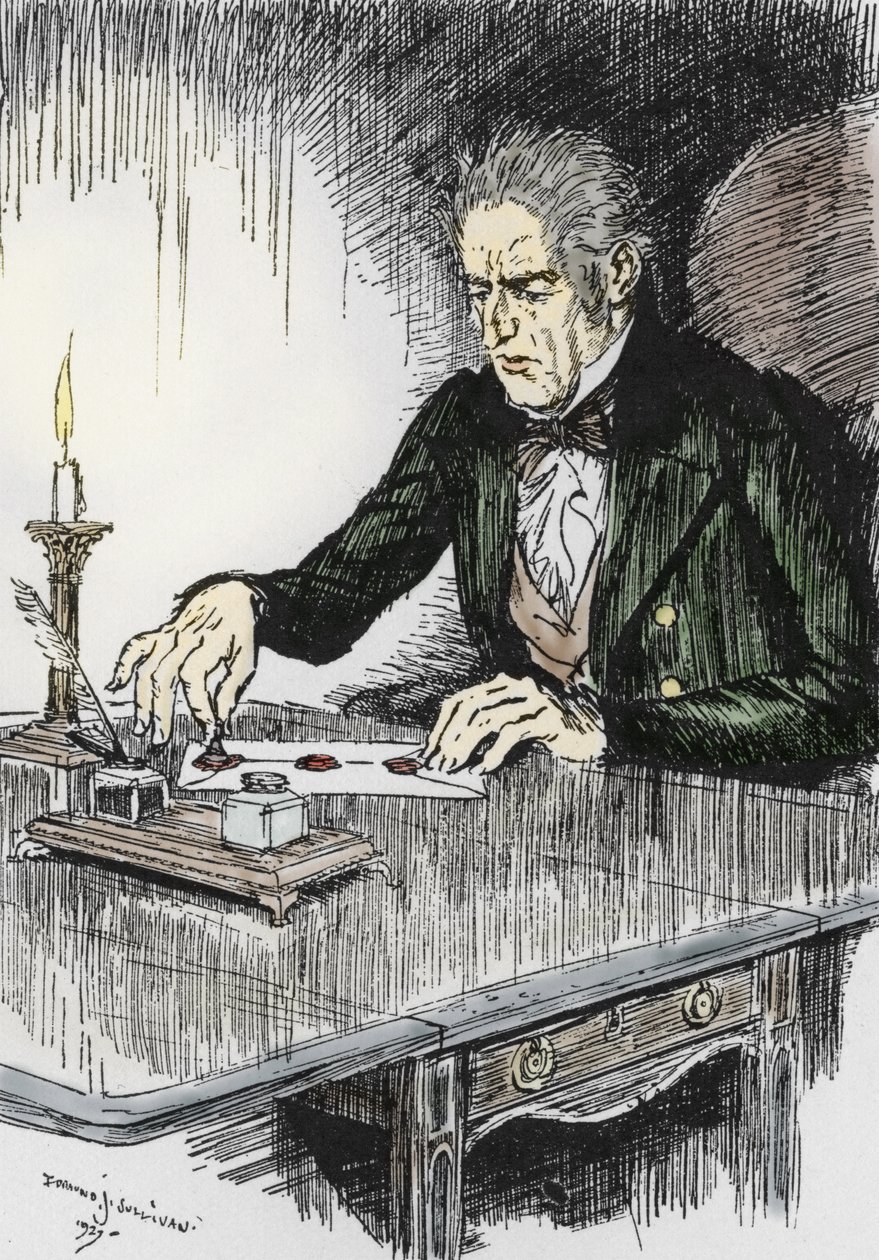 Dr. Jekyll sluit de brief waarin hij bekent Mr. Hyde de moordenaar te zijn door Edmund Joseph Sullivan