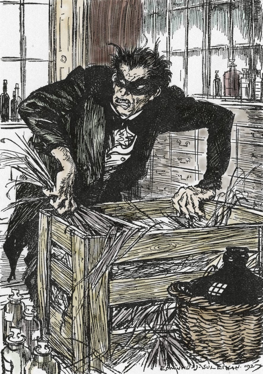 Dr. Jekyll zoekt wanhopig naar de poeders om zijn karakter van Mr. Hyde te bevrijden (Illustratie door Edmund Joseph Sullivan voor de roman 