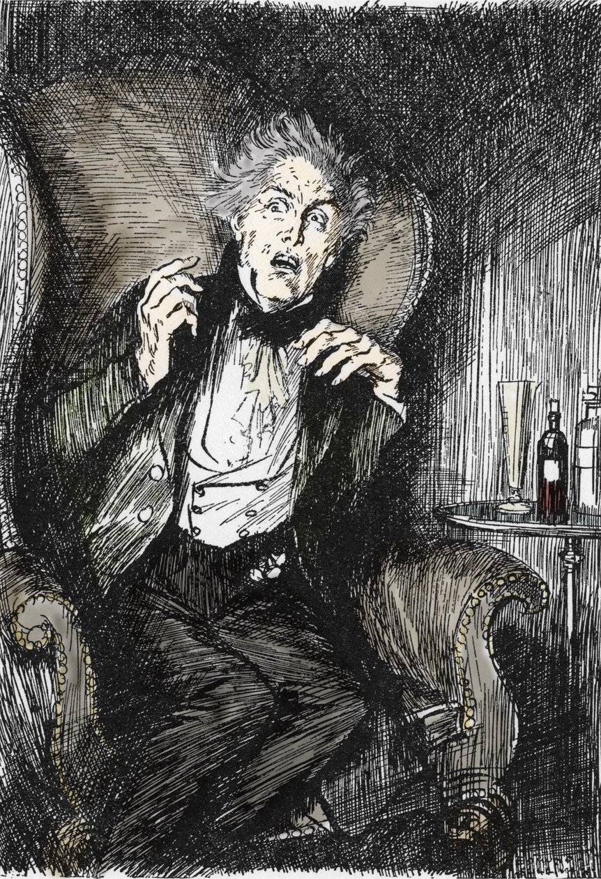 Dr. Jekyll in angst tijdens zijn gesprek met Utterson en Enfield door Edmund Joseph Sullivan