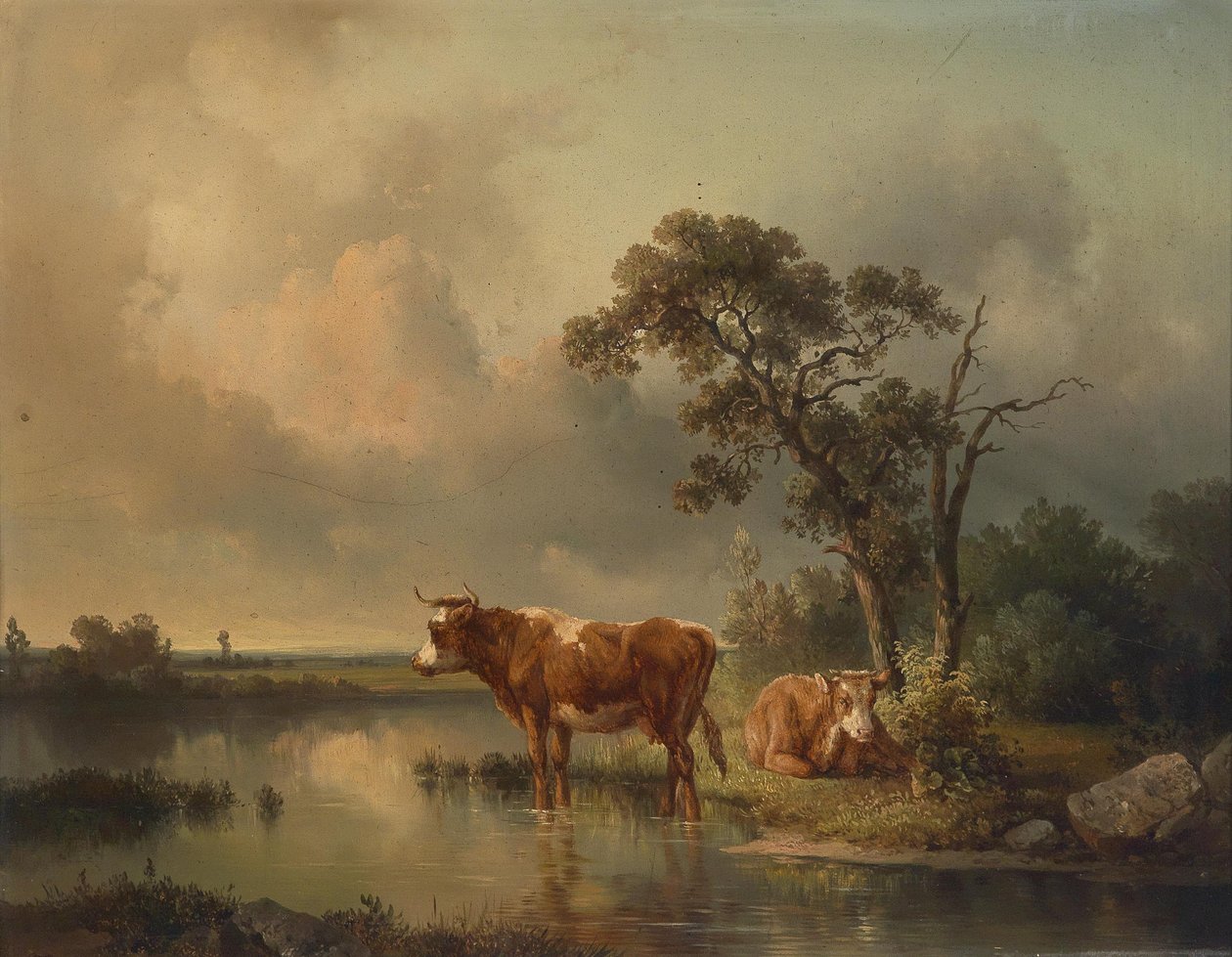 Edmund Mahlknecht Rustende koeien bij de vijver 1854 door Edmund Mahlknecht