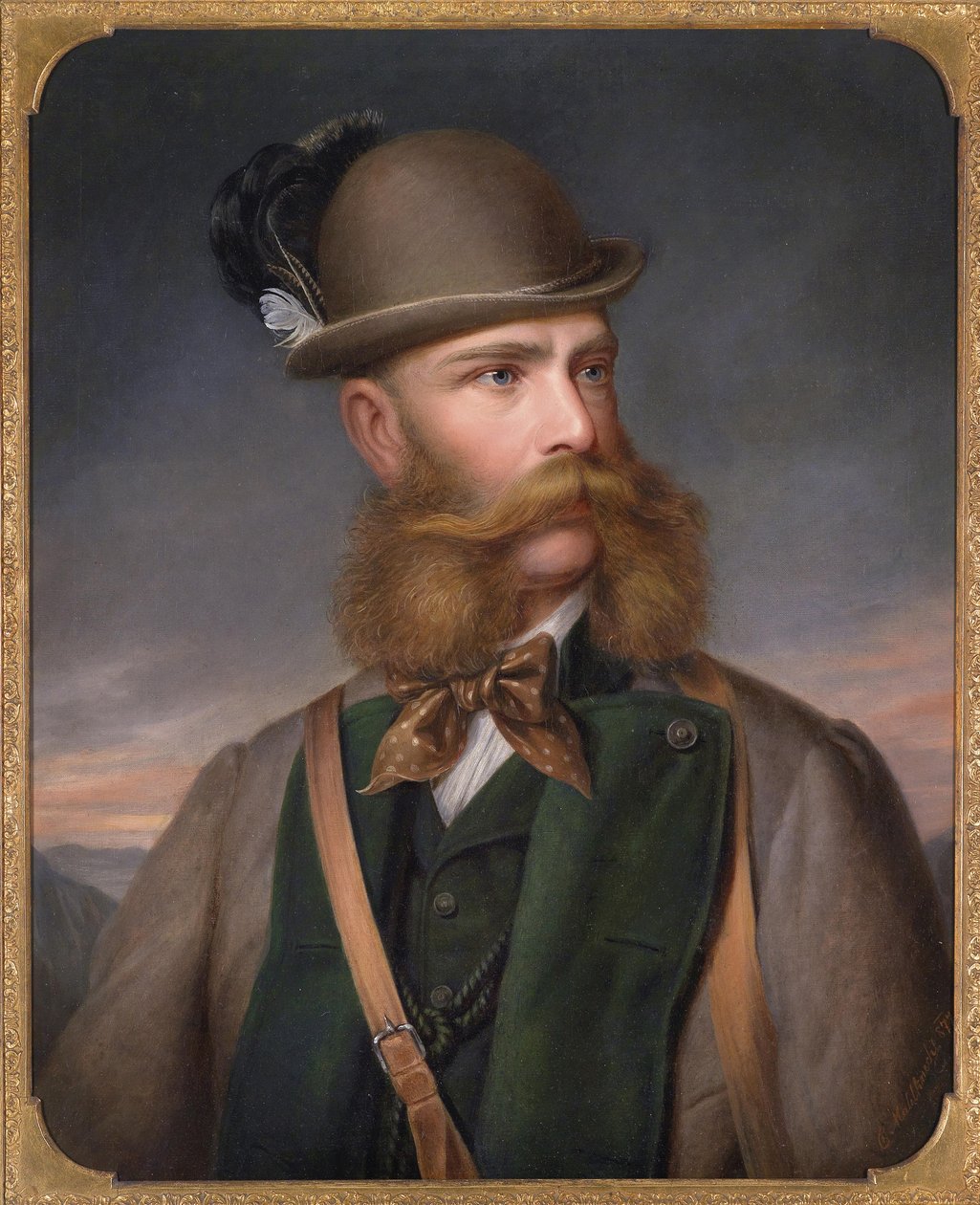 Portret van Franz Joseph I van Oostenrijk in jachtkleding, 1877 door Edmund Mahlknecht