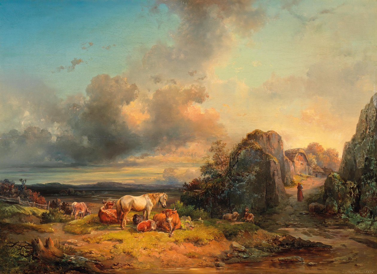 Kudde dieren en figuurlijke stafage voor een weids landschap door Edmund Mahlknecht