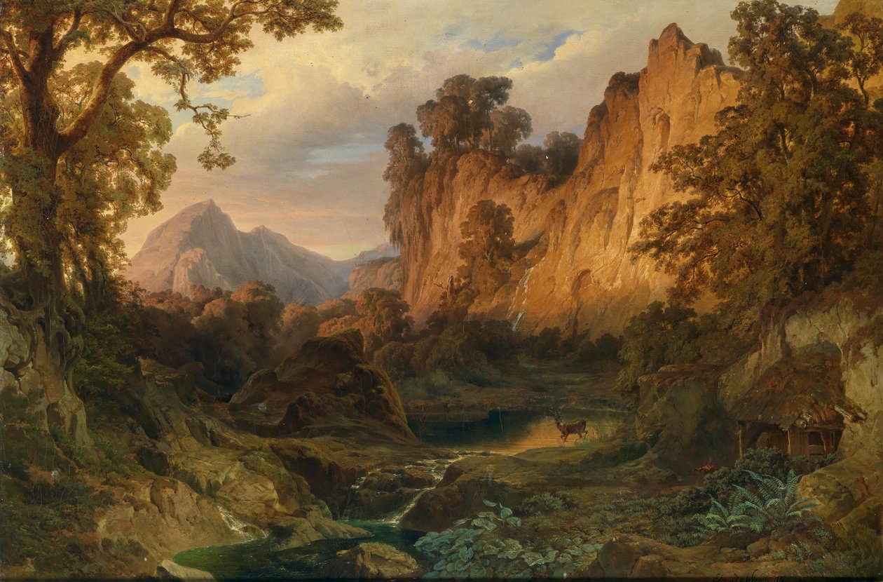 Edmund von Wörndle Romantisch landschap in avondlicht 1859 door Edmund von Wörndle