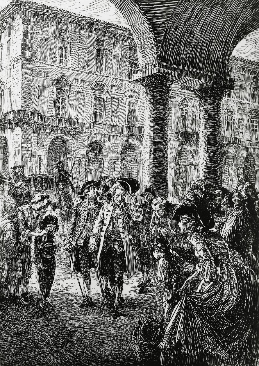 Ontmoeting onder de arcades van Turijn, illustratie voor De storm, Satet, Turijn door Edoardo Calandra
