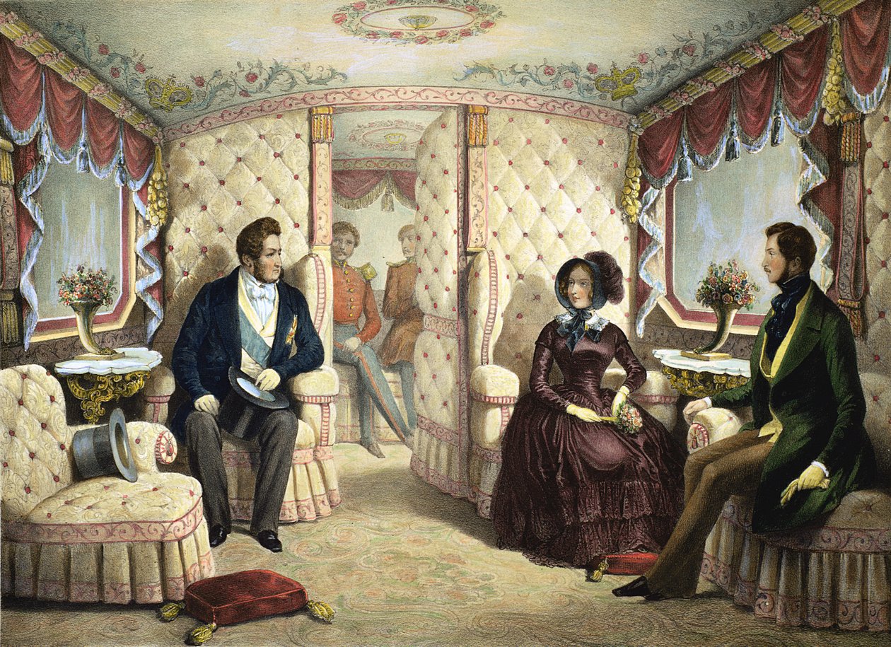 Interieur van de Spoorwegwagon van de Koningin, gegraveerd door Jules David (1808-92), c.1844 door Edouard Pingret