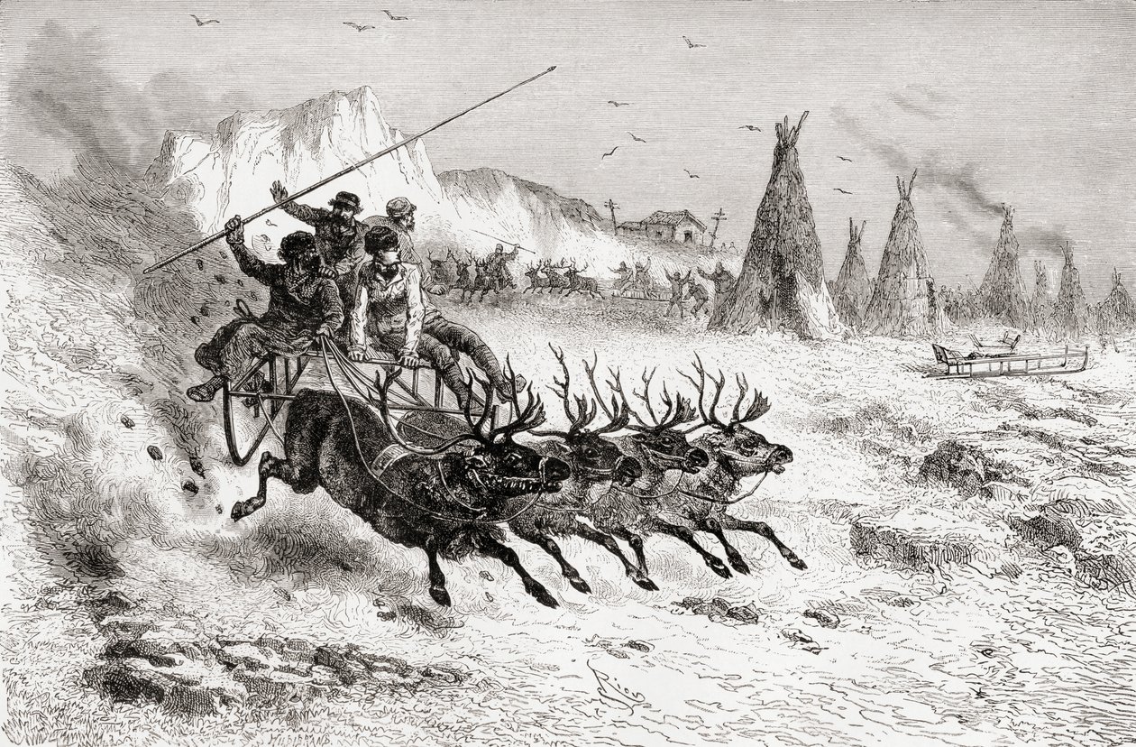 Samojeden uit Caborova op een slee getrokken door rendieren, 1878 door Edouard Riou