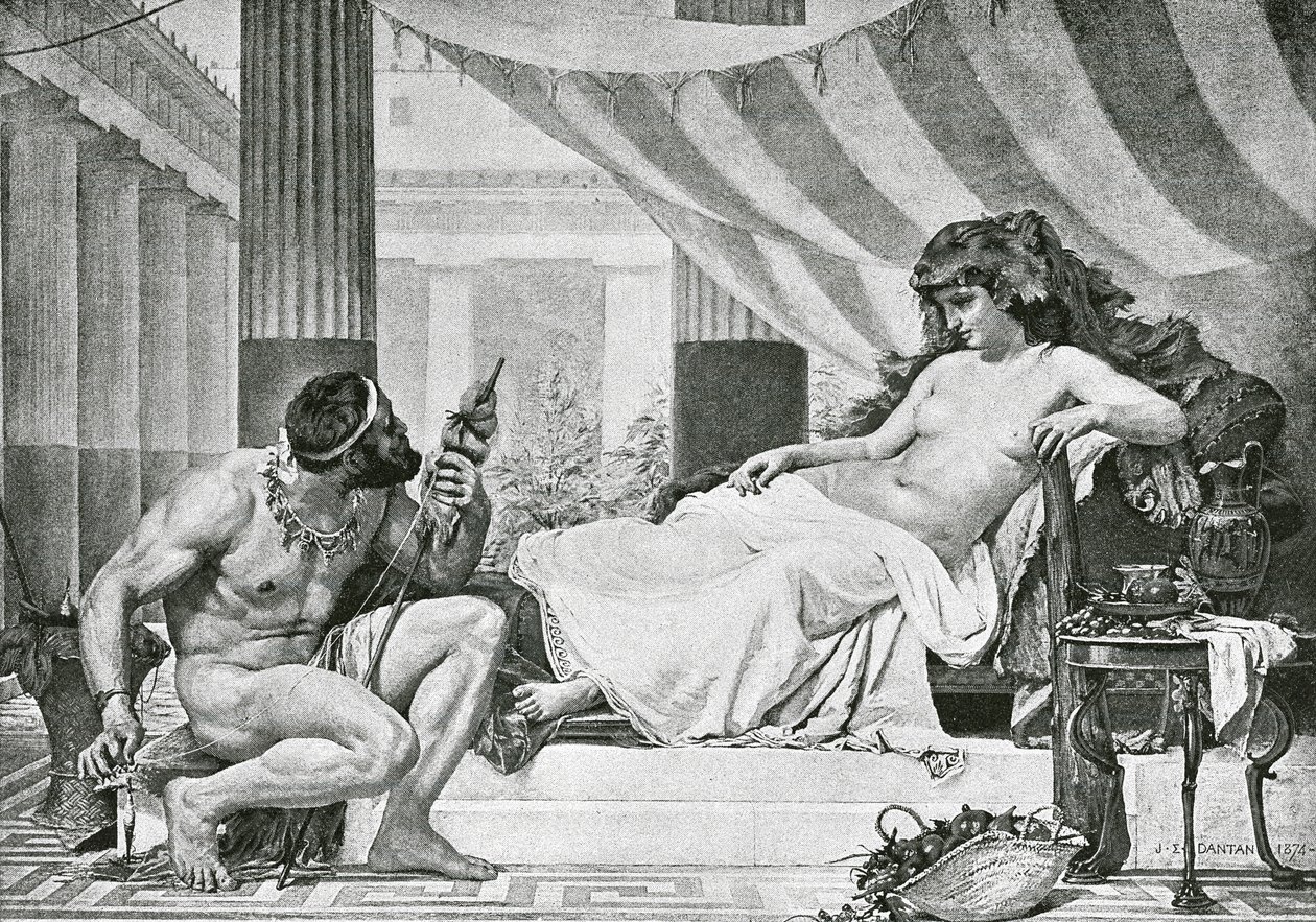 Hercules aan de voeten van Omphale (litho) door Edouard-Joseph (after) Dantan