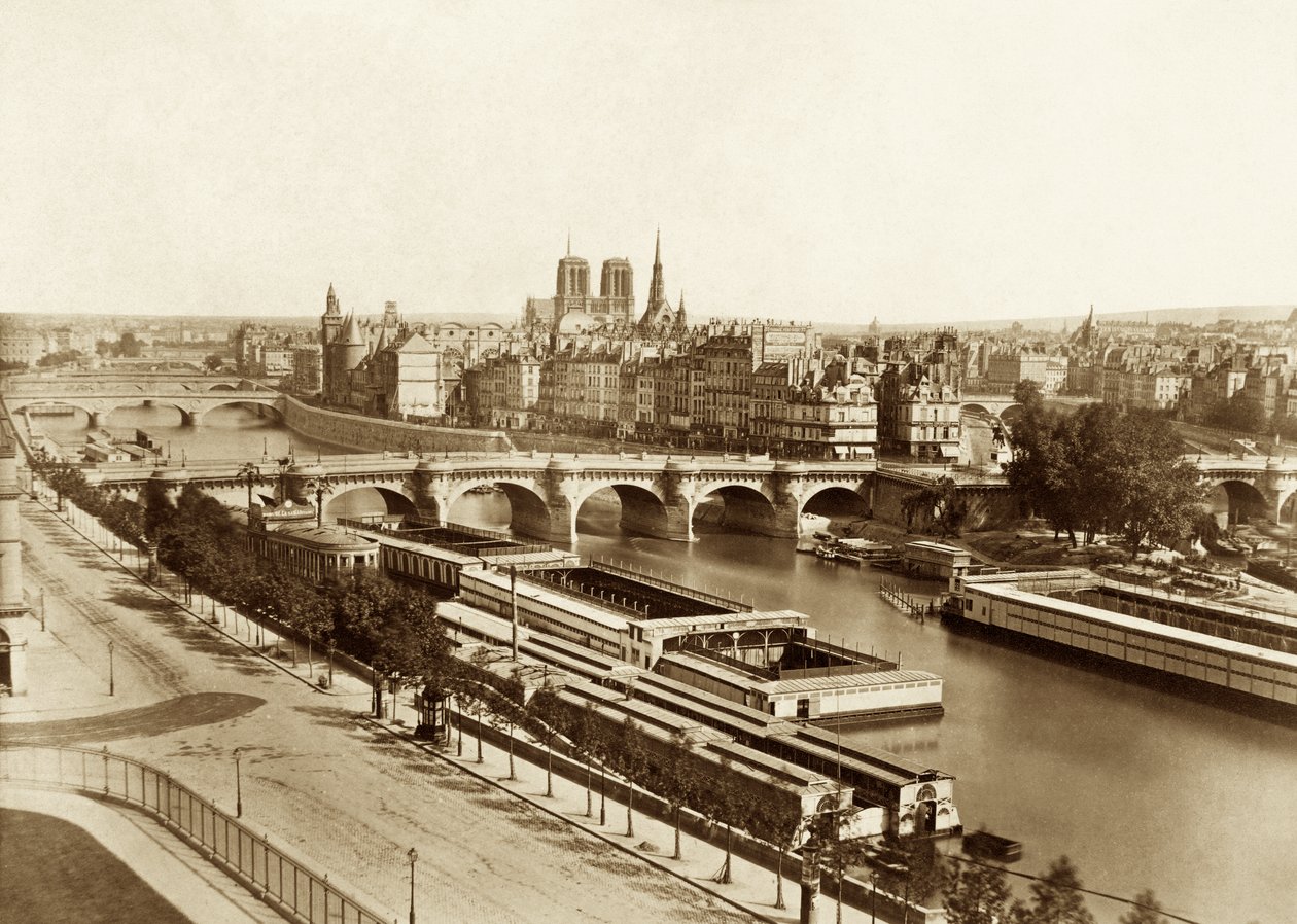 Seine met bruggen, op de achtergrond Notre-Dame de Paris door Édouard Baldus
