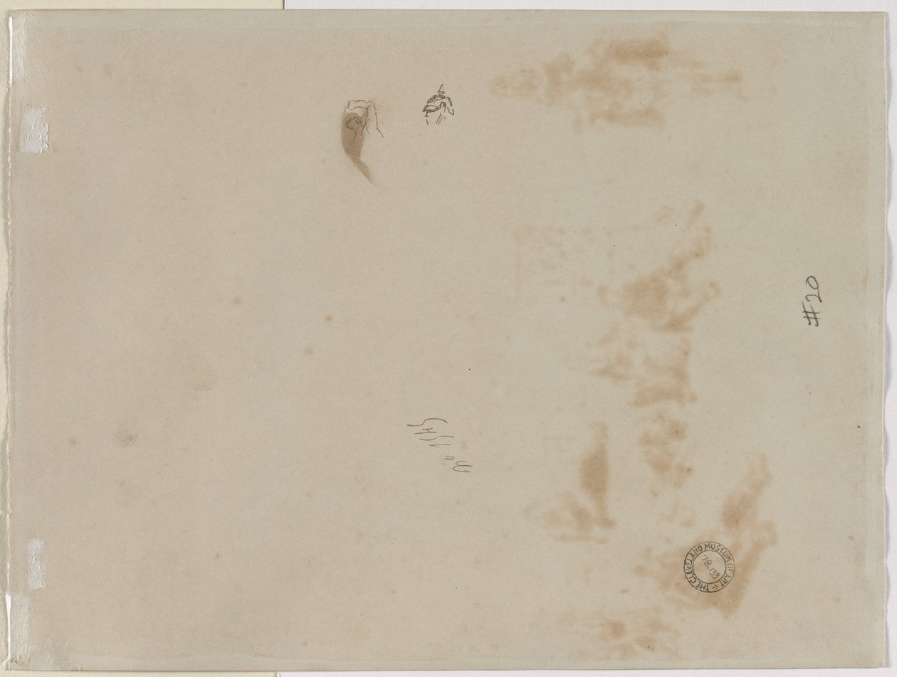 Schets van een man met opgeheven arm en schets van een helm (verso) door Edouard Detaille