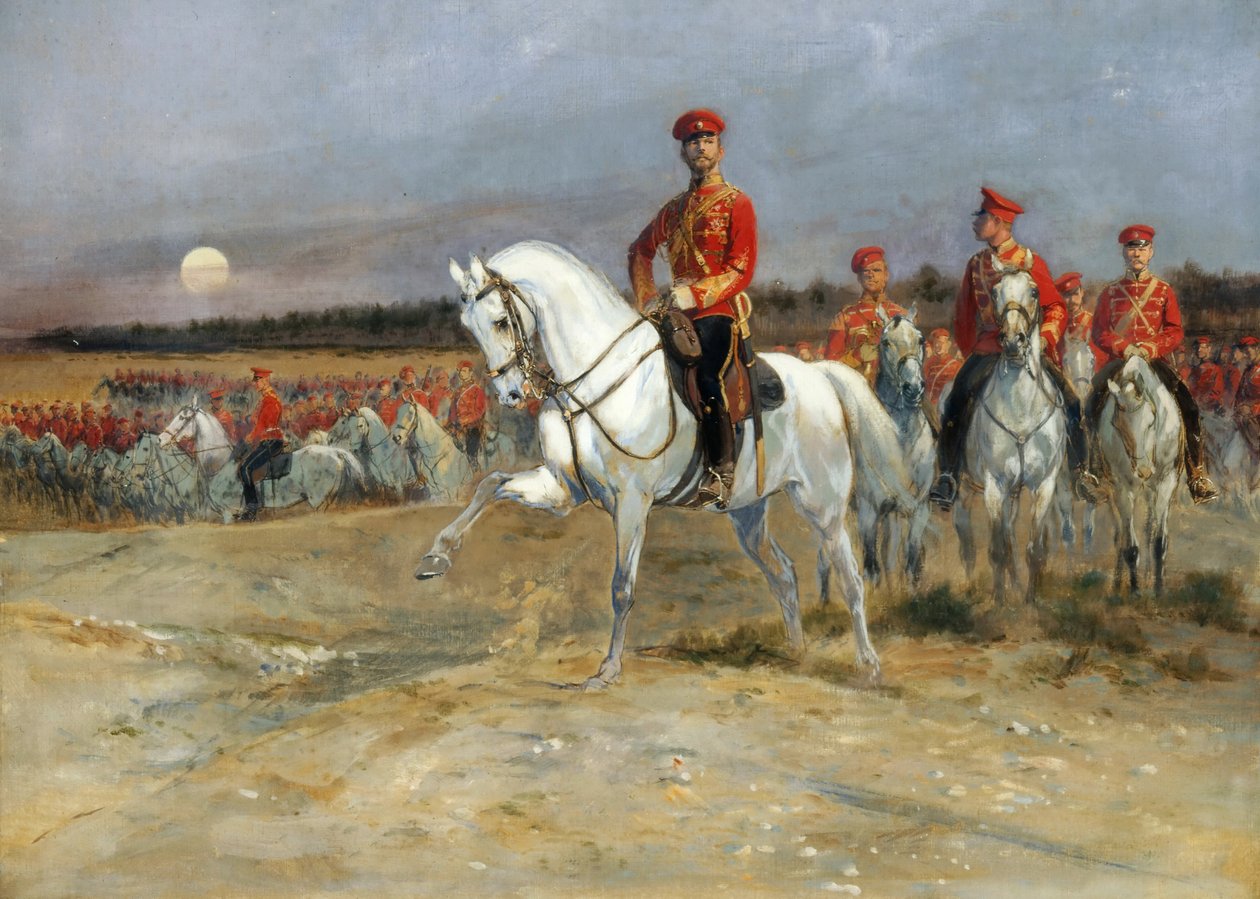 Tsarevitsj Nicolaas inspecteert de troepen door Jean-Baptiste Edouard Detaille