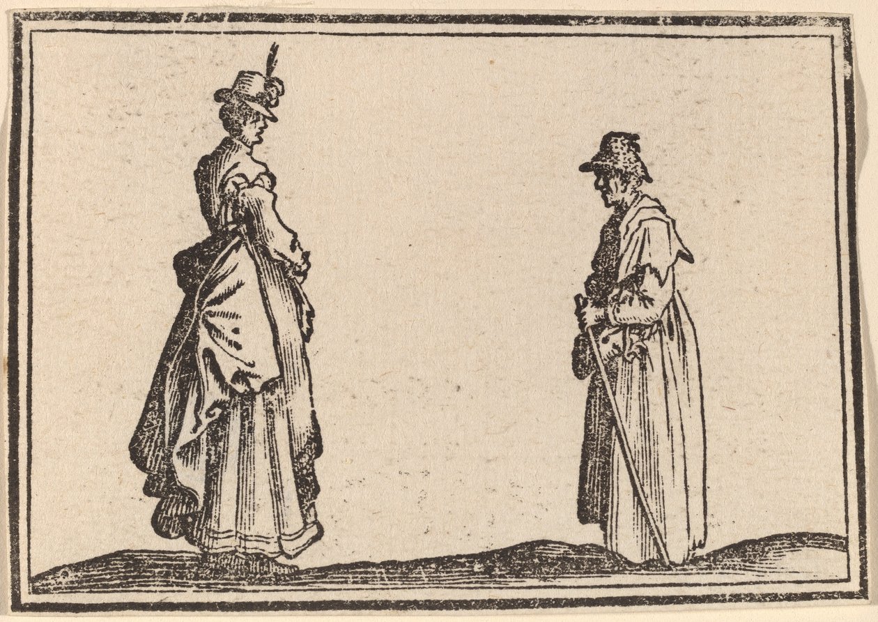 Twee vrouwen in profiel door Edouard Eckman after Jacques Callot