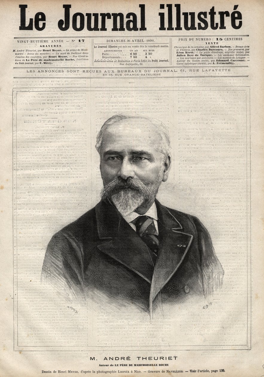 Portret van Andre Theuriet (1833-1907), Franse romanschrijver, dichter en academicus - Gravure door Navellier in 