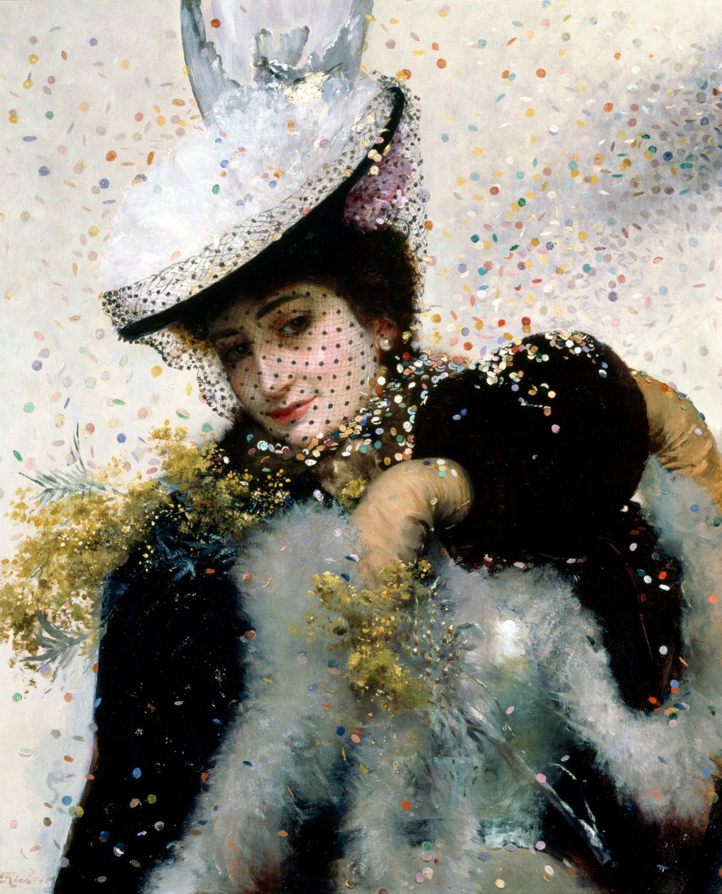 Een winterse bruiloft. Een jonge vrouw gekleed in een bontjas, mof en sluiermuts lacht onder een regen van confetti. Schilderij van Edouard Frederic Wilhelm Richter (1844-1913) Olieverf op doek. Privécollectie. door Edouard Frederic Wilhelm Richter