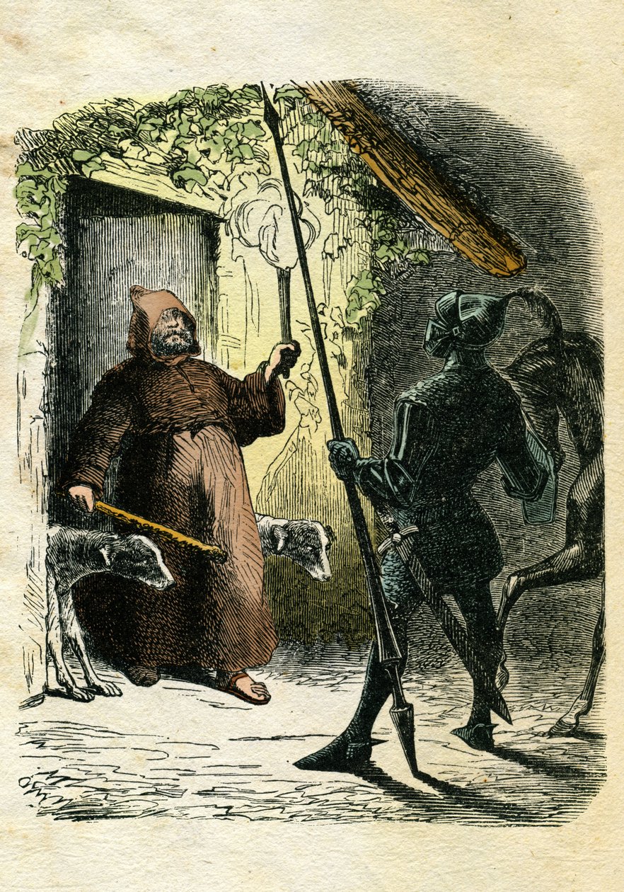 Illustratie van Edward Frère (1797-1874) en Theodore Lix (1830-1897) voor ‘Ivanhoe’ van Walter Scott (1771-1832), Schotse schrijver: de Zwarte Ridder aanvaardt de gastvrijheid van een kluizenaar in het bos. door Edouard & Lix Theodore (1830-1897) Frere