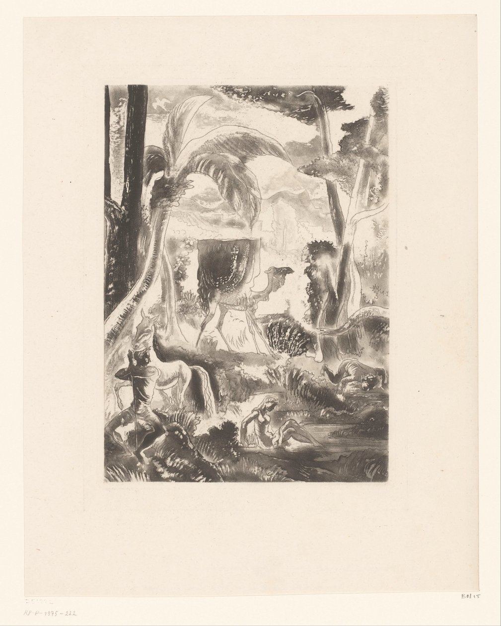 Landschap met palmbomen en badende figuren door Edouard Léon Louis Edy Legrand (attributed to)