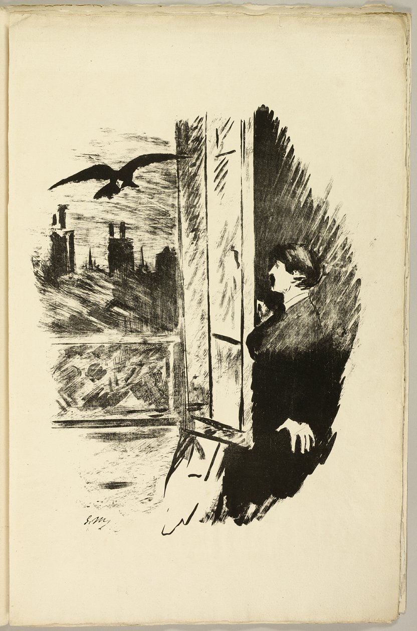 Bij het Raam ("Hier gooide ik de luiken open..."), uit De Raaf (Le Corbeau) door Édouard Manet