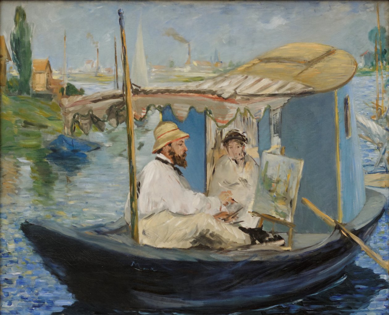 Claude Monet schilderend in zijn atelierboot door Édouard Manet