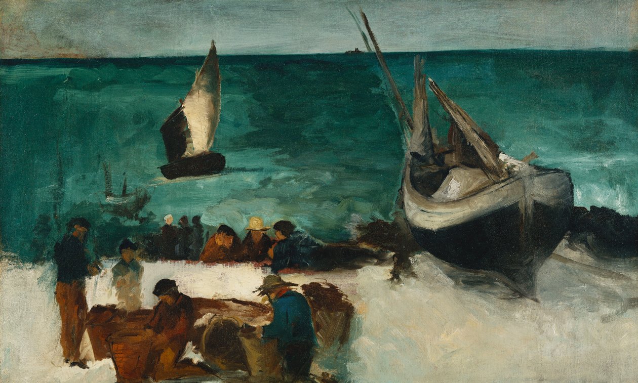 Vissersboten en Vissers; Marine bij Berck: Vissersboten en Vissers, 1873 door Édouard Manet