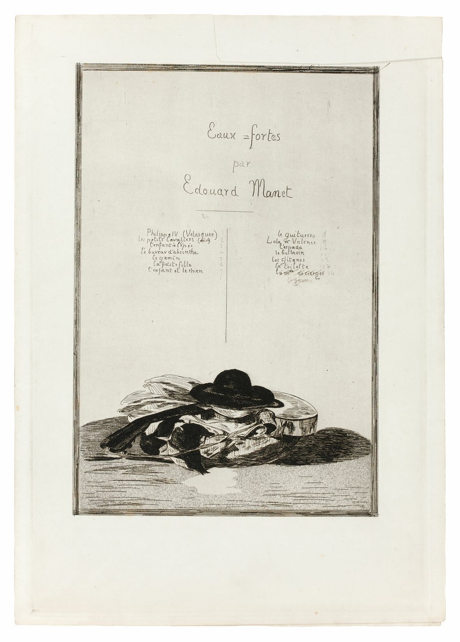 Hoed en gitaar, frontispice voor de editie van veertien etsen door Édouard Manet