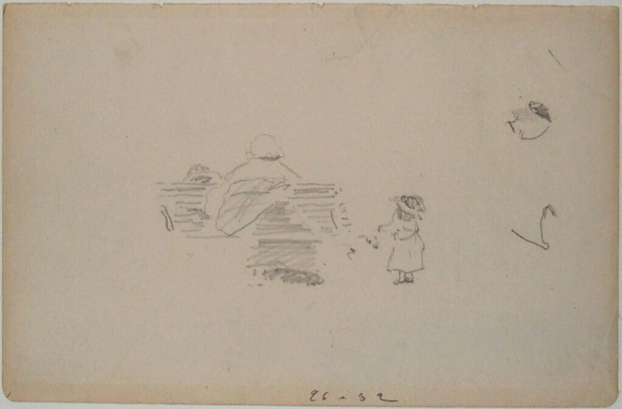 Manet - Schets van een vrouw zittend op een bankje en een kind dichtbij (blad uit een schetsboek), circa 1864-1868 door Édouard Manet