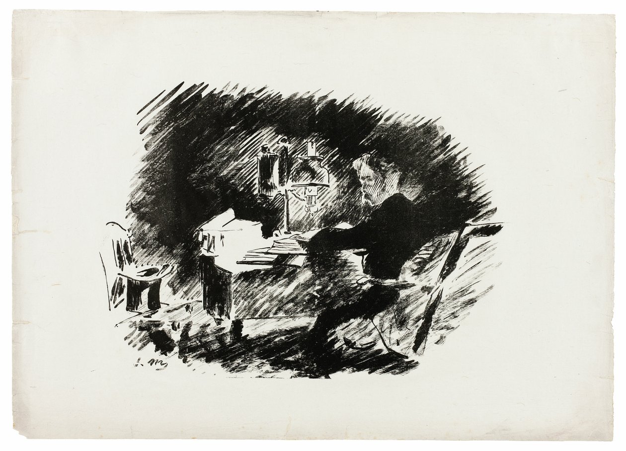 Onder de lamp ("Er was eens een sombere middernacht..."), uit De raaf (Le Corbeau) door Édouard Manet