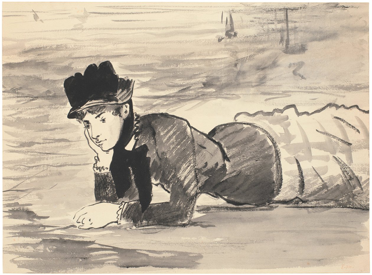 Vrouw liggend op het strand. Annabel Lee door Édouard Manet
