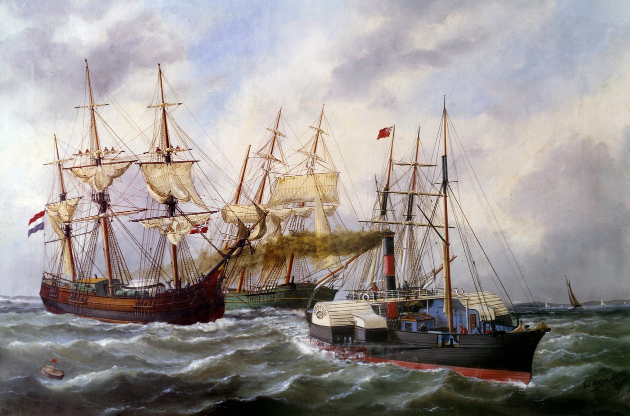 Twee driemasters gesleept door Le Neptune in Le Havre in 1882 door Edouard Marie Adam